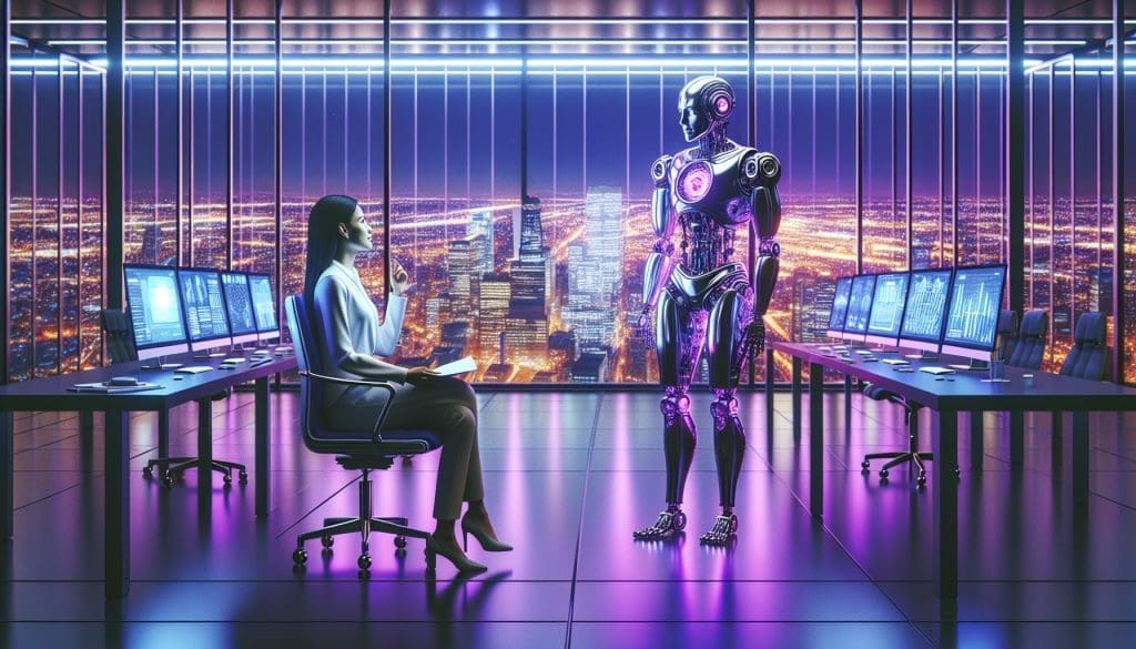 Robot futuriste coaching femme sud asiatique bureau moderne vue ville violette.jpg