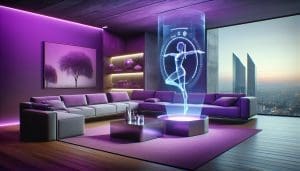 coach personnel fitness holographique dans salon contemporain violet high tech routine exercice pose yoga dynamique ambiance futuriste.jpeg