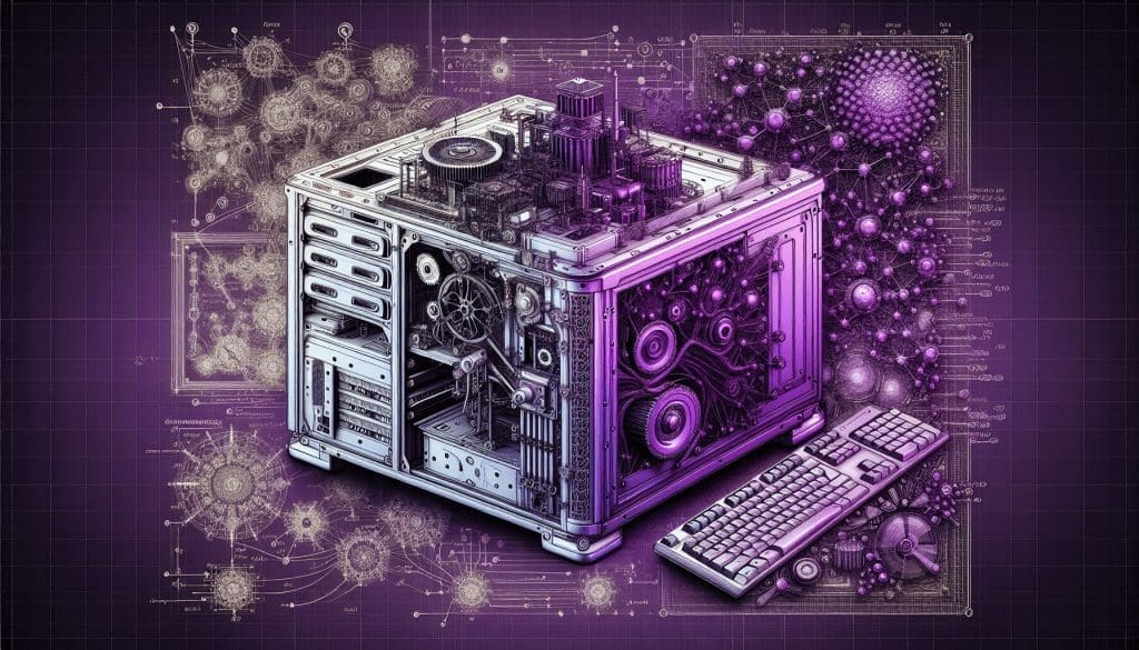 ordinateur complexe violet avec engrenages visibles et diagrammes de reseaux neuronaux d intelligence artificielle 01