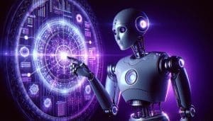 robot IA asiatique analyse donnees SEO holographiques environnement violet.jpg
