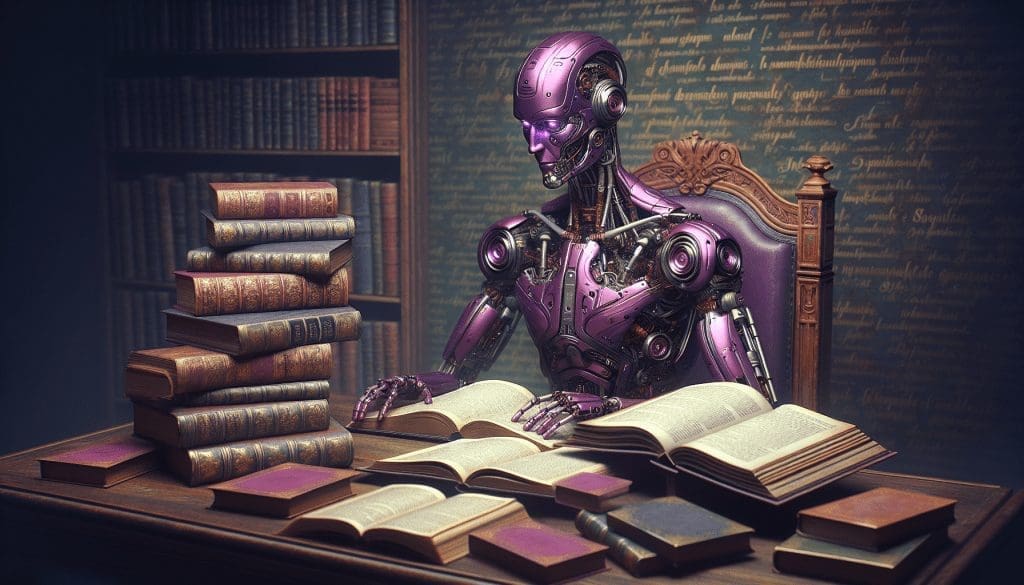 robot anthropoide violet etude livres bureau bois style hyperrealiste ancien nouveau concentration devouement.jpg