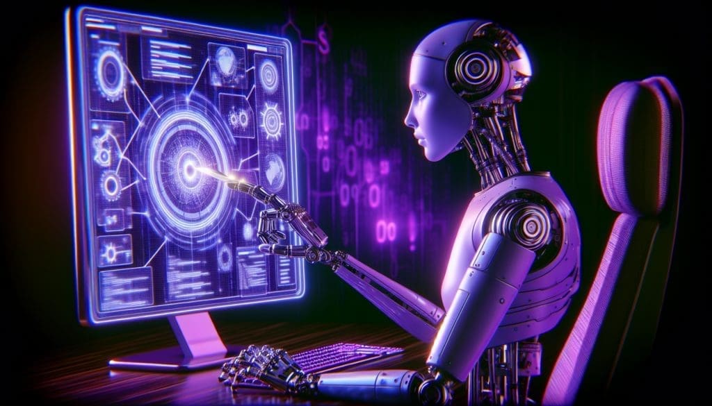 robot humanoid analysant donnees SEO ecran ordinateur futuriste teinte violette mysterieuse haute technologie.jpg