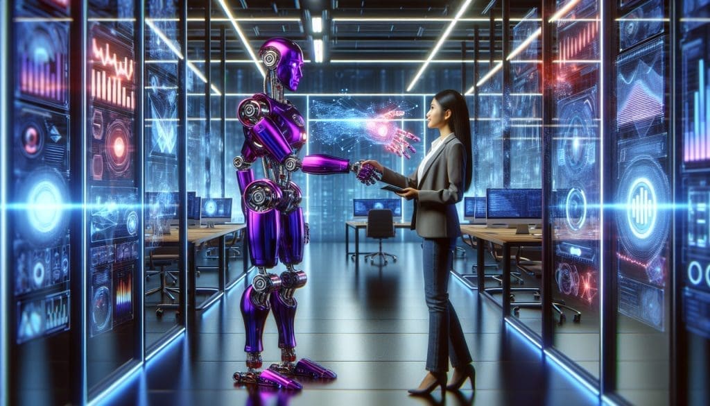 robot violet realiste poignee de main stratege SEO sud asiatique bureau futuriste ecrans ordinateur LED reseau technologique graphiques donnees holographiques marketing numerique.jpg