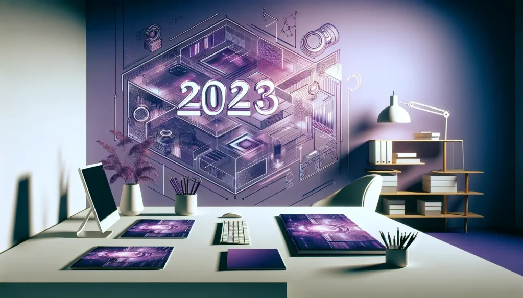 Imaginez un lieu de travail du futur. Sur fond d'un environnement numérique violet et blanc, l'espace de travail est entièrement équipé de divers outils logiciels sans programmation, ou outils 'NoCode', conçus pour la création de contenu numérique. En arrière-plan, vous pouvez voir un calendrier numérique de 2023 fournissant une indication claire de la période. Des écrans LED affichent des interfaces intuitives, et des projections holographiques mettent en évidence différentes fonctionnalités. Le décor annonce une ère de simplicité, de créativité et de productivité dans le paysage numérique de 2023. - ProductivBoost