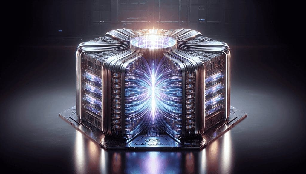 Un superordinateur futuriste de haute technologie au design épuré, nommé 'Condor Galaxy 1', se dresse comme le symbole de l'innovation et de la puissance. Il émane une aura vibrante, signifiant sa capacité de calcul immense de 4 exaFLOPs. La machinerie complexe et lumineuse semble frémir de vie, représentant un nombre remarquable de 54 millions de cœurs optimisés pour l'intelligence artificielle. - ProductivBoost