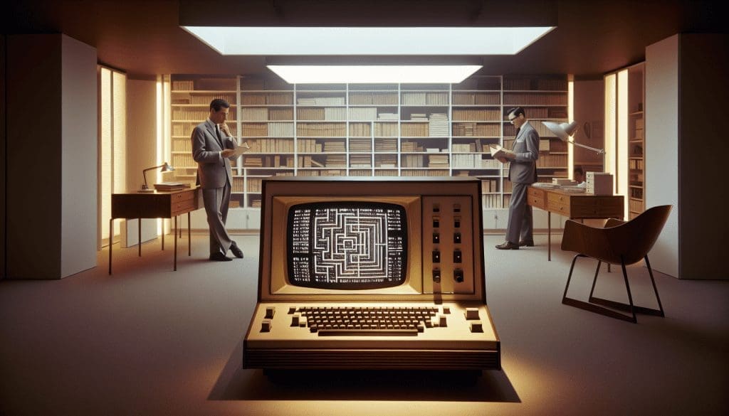 Un ordinateur vintage du milieu du siècle, dont l'écran est illuminé par un algorithme labyrinthique, se dresse comme un témoignage du programme Logic Theorist. En arrière-plan, deux inventeurs masculins à l'identité indéterminée, l'un hispanique et l'autre moyen-oriental, sont absorbés dans une discussion animée. La scène se déroule dans un espace de bureau lumineux et minimaliste qui est emblématique de l'esthétique des années 1950. Des étagères remplies de livres épais, un bureau en bois élégant et des meubles du milieu du siècle rehaussent cette capture historique. - ProductivBoost