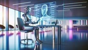 Un robot humanoïde à l'apparence de l'acier robuste et aux courbes lisses est assis à un bureau épuré dans un cadre de bureau minimaliste spacieux et vibrant. Le robot, incarnant une articulation de la technologie avancée et conçu pour refléter subtilement les humains, présente sur sa surface métallique un léger spectre de couleurs, évoquant les prédispositions humaines. Il examine attentivement des CV affichés sur un écran d'ordinateur holographique futuriste. L'écran d'ordinateur projette des images nettes et uniques, comme si elles avaient été directement extraites d'un chef-d'œuvre de science-fiction. L'image représente une intersection entre la technologie et les traits humains. - ProductivBoost