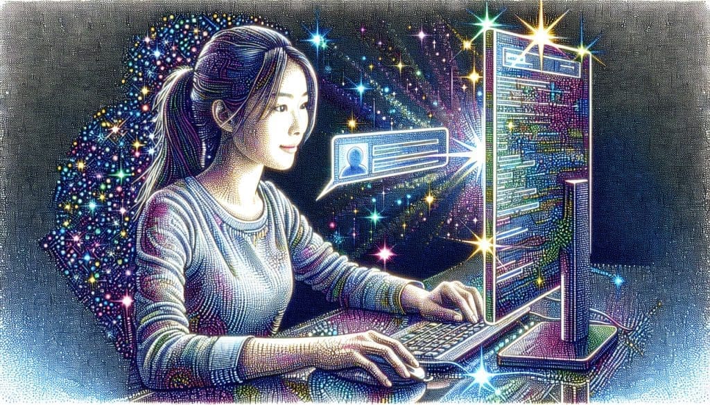 Une image en haute définition, minutieusement détaillée, d'une femme d'Asie de l'Est assise devant un ordinateur moderne, interagissant de manière interactive avec une interface ChatGPT. L'image est parsemée de couleurs vives et énergiques, créant un contraste net entre la femme et l'arrière-plan inspiré de la technologie qui l'entoure. Les lumières scintillantes de l'écran de l'ordinateur illuminent son visage, projetant de longues ombres pensives derrière elle. - ProductivBoost