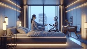 Visualisez une chambre futuriste mettant en scène une femme d'Asie de l'Est et un robot réaliste assis ensemble sur un lit king-size. Ils sont engagés dans un moment chaleureux en se tenant la main, symbolisant l'harmonie entre les humains et l'IA. La pièce arbore un design esthétique de pointe, subtilement éclairée par un éclairage ambiant apaisant, créant une atmosphère intime et sereine. Une décoration fonctionnelle futuriste et des meubles élégants se fondent harmonieusement avec la technologie avancée, offrant un spectacle impressionnant de la coexistence de la vie humaine et robotique. - ProductivBoost