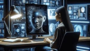 Une image montrant une femme asiatique assise devant un écran d'ordinateur, étudiant attentivement un visage manipulé numériquement affiché dessus. Le visage sur l'écran est rempli de distorsions graphiques complexes, symbolisant les façons dont l'intelligence artificielle reconfigure les limites de ce que nous considérons comme réel. La pièce autour d'elle est remplie d'objets liés à la technologie, créant une atmosphère de sophistication futuriste. - ProductivBoost