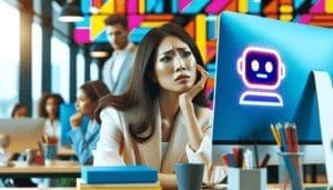 Une femme d'affaires est-asiatique, visiblement frustrée, regarde l'écran d'un ordinateur qui affiche de manière bien visible une icône de chatbot. Elle se trouve dans un environnement de bureau moderne et dynamique, caractérisé par des couleurs vives et animées. L'ambiance de l'image suggère fortement les difficultés inhérentes à l'utilisation de l'IA dans certaines situations professionnelles. - ProductivBoost