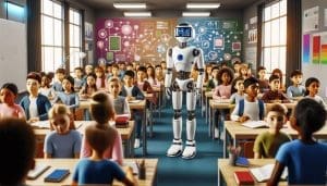 Imaginez un éducateur robot avancé se tenant devant une classe animée. Il émane une aura d'intelligence et de sagesse. Des élèves de diverses origines et genres écoutent attentivement. Il y a des garçons et des filles caucasiens, hispaniques, asiatiques, noirs et moyen-orientaux, tous prenant des notes avec sérieux. La salle de classe est vibrante avec des affiches éducatives et des gadgets technologiques avancés, mettant tous en avant le concept de l'intégration de l'IA dans l'éducation moderne. Le niveau de sophistication technologique dans cette scène symbolise l'influence de pointe de l'Intelligence Artificielle dans le domaine de l'éducation. - ProductivBoost