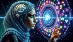 Une femme du Moyen-Orient avec un implant cérébral avancé et sophistiqué visible sur sa tempe affiche une expression de profonde inquiétude. Elle est absorbée dans un vortex tourbillonnant de symboles numériques néon. Ces symboles, lumineux et pulsants, représentent l'addiction. La scène mélange le réalisme brutal de l'émotion humaine avec le monde abstrait et chargé de symboles de la représentation numérique. Le tout est niché dans un cadre futuriste, donnant une impression de technologie avancée et de son impact sur la condition humaine. - ProductivBoost