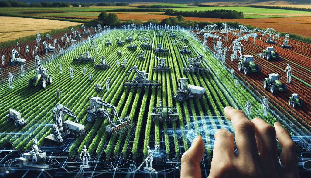 Une image d'une ferme moderne, avec des machines automatisées et des robots s'occupant diligemment des cultures vertes et vibrantes. La zone est dépourvue de toute présence humaine, soulignant la technologie avancée qui règne sur la scène. Le paysage est luxuriant et vert, reflétant des techniques agricoles de pointe. Au centre, la ferme affiche des structures métalliques imposantes, indiquant l'épicentre du processus d'automatisation. Le ciel au-dessus est d'un bleu profond, ajoutant un contraste à l'étendue verdoyante en dessous. Ensemble, ils présentent une fusion harmonieuse de la technologie et de la nature, dépeignant une vision futuriste de l'agriculture. - ProductivBoost