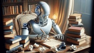 Visualisez un robot humanoïde avancé de couleur argent métallique, tenant un stylo avec ses doigts finement ajustés. Le robot est assis à un bureau en bois vintage, parsemé d'une abondance de livres de dimensions variées et de couvertures colorées. Sur le bureau se trouvent également des papiers froissés et un encrier à moitié rempli. Le robot semble profondément absorbé par l'écriture d'un roman, démontrant la fusion de l'intelligence artificielle et du monde littéraire. L'arrière-plan est doucement éclairé, ajoutant une ambiance de tranquillité à cette intersection entre technologie et créativité. - ProductivBoost