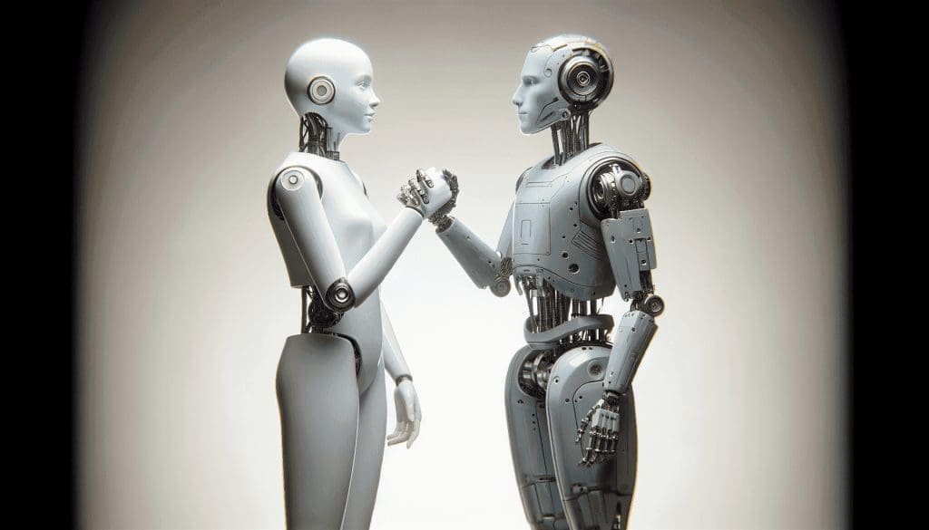 Une image représentant l'unité entre la technologie et l'humanité. Dans cette illustration, il y a une femme caucasienne et un robot sophistiqué de couleur gris acier se tenant côte à côte sur un fond uni. Ils se tiennent par la main, symbolisant un lien ou une connexion. Leur posture suggère l'harmonie, et l'ensemble de la scène capture un moment de coexistence paisible. - ProductivBoost